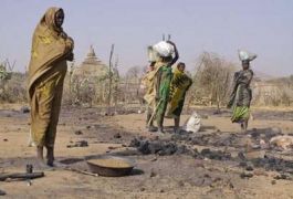 Darfuri women walk through the ruins of Sirba village, ransacked during a government offensive to retake the area from Darfur rebels, near West Darfur's capital el-Geneina, February 21, 2008. (Reuters)
