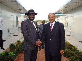 Mubarak al-Fadil (right) shaking hands with South Sudan president Salva Kiir in Juba during the SPLM convention last week
