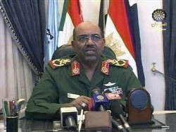 In this image from Sudan TV, Sudanese President Omar al-Bashir in a televised address Sunday May 11, 2008 (AP)