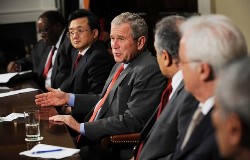 U.S. President George W. Bush (C) participates in the National Security Advisor's Meeting with the United Nations Security Council Permanent Representatives in the Roosevelt Room of the White House June 25, 2008 in Washington, D.C.