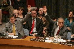 U.S. Permanent Representative to the United Nations Zalmay Khalilzad (R) and British Permanent Representative to the U.N. John Sawers vote during a meeting of the Security Council at the United Nations July 11, 2008 in New York City (AFP)