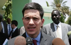 British Foreign Minister David Miliband briefs the press following his meeting with his Sudanese counterpart Deng Alor (back-R) in Khartoum on July 9, 2008 (AFP)