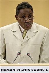 Abdel Basit Sabdarat, Minister of Justice of Sudan, delivers his speech during the 7th UN Human Rights Council at the European headquarters of the United Nations in Geneva, Switzerland, Monday, March 3, 2008 (AP)