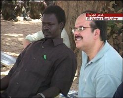 Minni Arcua Minnawi (L) and U.S. Charge d'Affaires Alberto Fernandez (R) during a meeting with U.S. envoy to Sudan Richard Williamson (not shown) in Darfur Tuesday Aug. 12, 2008 (Al-Jazeera)