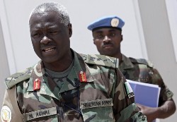 General Martin Luther Agwai, Force Commander of the United Nations-African Union Mission in Darfur (UNAMID) speaks at the Mission's headquarters on the outskirts of el-Fasher town, North Darfur (AFP)