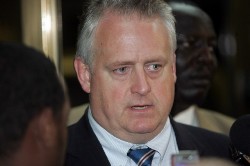 special envoy for Sudan, Richard Williamson, leaves after meeting with Sudanese Foreign Minister Deng Alor (unseen) in Khartoum on June 2, 2008 (AFP)