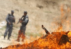 Afghan policemen keep watch behind a pile of burning narcotics in Kabul June 25, 2008 (Reuters)