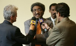 Sudan's Ambassador to the United Nations Abdel-Mahmood Abdel-Haleem (C) speaks to members of the media outside of the United Nations Security Council (AFP)