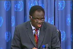 Burkina Faso ambassador to the United Nations Michel Kafando speaking to reporters at the UN on September 3, 2008