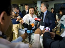 International Criminal Court prosecutor and pursuer of Sudan's Omar al-Beshir, Luis Moreno-Ocampo adresses the press on July 14, 2008 on evidence on crimes committed in Sudan's Darfur region (AFP)