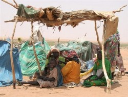 Darfur refugees, sitting under a make-shift shelter (AP)