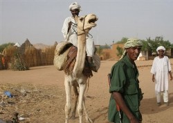 armed pro-government janjaweed fighter passes by a Sudanese camel herder from one of Darfur's dominant nomad Arab tribes, Rezeigat, at the marketplace in the West Darfur town of Mukjar, Sudan (AP)