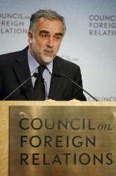 Luis Moreno-Ocampo, prosecutor for the International Criminal Court, addresses the Council on Foreign Relations during a symposium on International Law and Justice in New York, October 17, 2008 (Reuters)