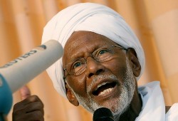 Sudan's Islamist opposition leader Hassan al-Turabi speaks during a news conference in Khartoum (Reuters)