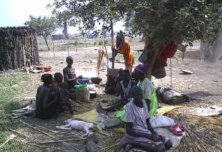 Puldeng villagers living under a tree, near burned houses (ST)