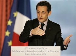 French President Nicolas Sarkozy gestures as he speaks during a ceremony marking the 60th anniversary of the the Universal Declaration of Human Rights at the Elysee Palace in Paris, Monday, Dec. 8, 2008 (AP)