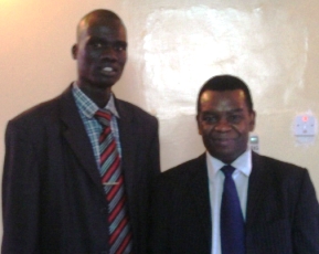 SPLM-DC Deputy Chairman, Charles Kisanga (R) poses for a photo with ST journalist Manyang Mayom (photo ST)