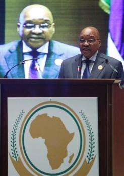 President of South Africa Jacob Zuma delivers a statement after the conclusion of the closing session at the third day of the 13th African Union summit of heads of state and government in Sirte, Libya Friday, July 3, 2009 (AP)