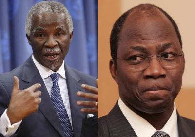 Former South African president Thabo Mbeki (L) and Joint United Nations and African Union mediator for Darfur, Djibril Bassole (R)