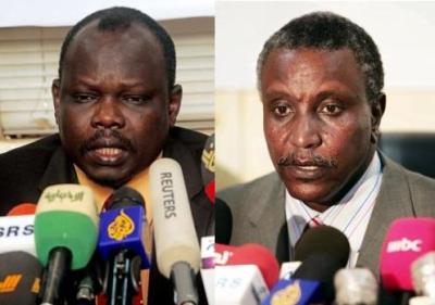 Sudan SPLM Secretary General Pagan Amum (L) and his deputy Yasir Arman (R)