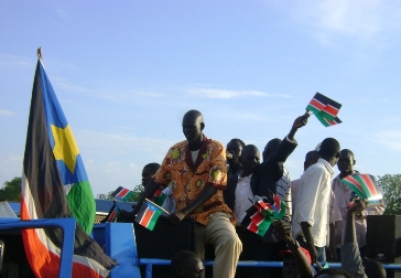 SPLM supporters demonstrate in Bor on Dec. 7, 2009, following the arrest of party leaders in Khartoum (photo Philip Thon Aleu)