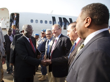 Ibrahim Gambari, the new African Union - United Nations Joint Special Representative, is welcomed by UNAMID's senior staff, upon his arrival in El Fasher, North Darfur, on 25 January 2010. (Photo: Olivier Chassot, UNAMID)