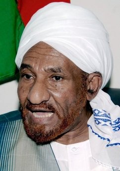 Former Sudanese premier and opposition candidate Sadiq al-Mahdi speaks during a press conference in Khartoum