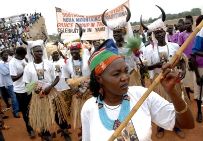 A group of traditional dancers from the Nuba Mountains during the celebration of the fifth anniversary of the CPA in Yambio on January 19 (photo by Tim Mckulka -UNMIS)