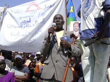 Gabriel Kuch Abyei, ANC-Sudan candidate for governor of Lakes state, addresses a rally in Rumbek Freedom Square