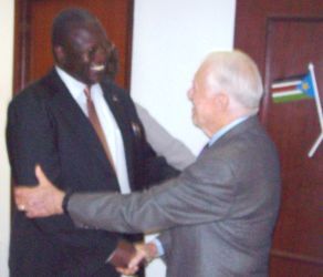 Former US President, Jimmy Carter, shaking hands with Southern Sudan Vice President, Dr. Riek Machar, February 12, 2010, Juba, (Photo by James G. Dak, ST)