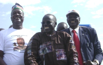 Photo: From Right to Left, Kuol Manyang Juuk, Gier  Chuang Aluong and Michael Makuei Lueth react to supporters in Bor on February 27, 2010 (photo by Philip Thon Aleu – ST)