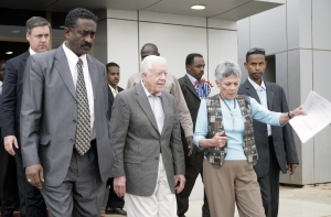 President Jimmy Carter (right) and State Minister at the Ministry of Foreign Affairs, Al-Samanni Al-Wassila (left) on February 8, 2010 in Khartoum