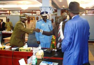 From right to left, GOSS President Salva Kiir Mayardit, Minister of Internal Affairs Gier Chuang Aluong, Inspector General of Police Lt. Gen. Acuil Tito, Director General of South Sudan Prisons Service Lt. Gen. Abel Makoi Wol, on December 3, 2009 (photo by Larco Lomayat).