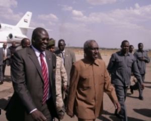Riek Machar (L) and Ali Osman Taha in Juba (Photo Kamal Omer)