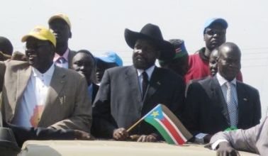 Kiir and Machar riding on a pick up truck through Juba streets  and waving to chanting supporters as they launched their campaign  on 24th February (Photo by SPLM)