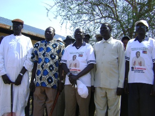 Bor County SPLM nominees (L-R): Dengtiel Ayuen, Michael Makuei Lueth, Maker Thiong Maal and Philip Thon Nyok poses for a photo on arrival to Baidit Payam on Tuesday, March 9, 2010 (photo by Philip Thon Aleu-ST)