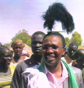 Angelina Teny wearing on her head a traditional Nuer nok during a campaign rally in Leer town, Unity state (ST)