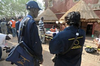 Election observers of the European Union Election Observation Mission in Sudan monitor the voting process at a polling station in the southern capital of Juba on April 11, 2010. (Getty)