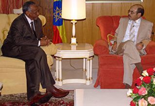 Ethiopian PM Meles Zenawi (R) with the Sudanese Presiential Assistant Nafie Ali Nafie (photo ENA)