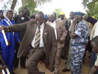 Samuel Mathiang Keer SPLM Lakes state secretary dance after hearing SPLM have lead in Election result in Rumbek (photo by Manyang Mayom- ST)