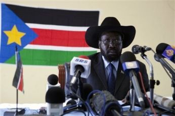 Southern Sudanese President Salva Kiir addresses reporters and supporters following the announcement of his victory in Juba Monday, April 26, 2010. (AP)