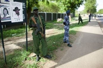 Southern Sudanese military and police forces patrol following the announcements of elections results in Juba, southern Sudan, Monday, April 26, 2010. (AP)