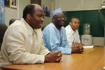 AU-UN Joint Chief Mediator Djibril Yipene Bassole (left), meeting with UNAMID Joint Special Representative (JSR) Ibrahim Gambari (center) and Deputy JSR Mohamed B. Yonis (right) in El-Fasher, North Darfur, June 2, 2010. (Photo: UNAMID - Olivier Chassot)