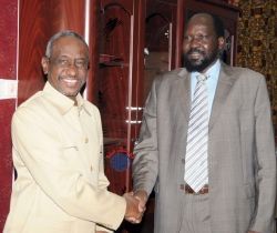 Sudan's FVP Salva Kiiir greets SVP Ali Osman (SUNA)