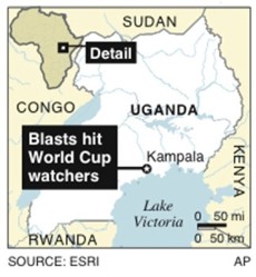Map locates Kampala, Uganda, where explosions tore through crowds watching the World Cup final at a rugby club and an Ethiopian restaurant (AP)