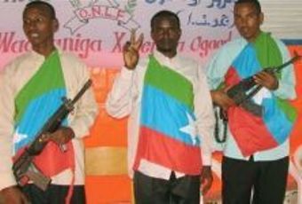 Ogaden National Liberation Front (ONLF) militants display their weapons during a 2006 photocall in Mogadishu.