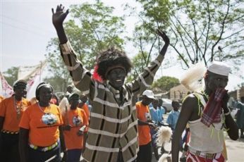 A southern Sudanese man dons traditional tribal accessories during a pro-independence march in the southern capital of Juba on Thursday, Sept. 9, 2010. (AP)