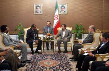 Iran President Ahmadinejad meets Sudan’s state minister for foreign affairs Kamal Hassan Ali on margins of Iran-Africa Forum on Sept 15, 2010 (photo Iranian presidency website)