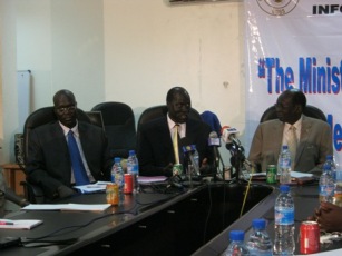 SSRRC Director, William Achueil (L), GoSS Ministers, James Kok (center) and Dr. Barnaba Marial Benjamin (ST)