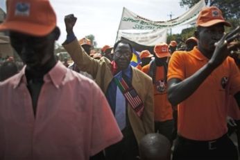 Southern Sudanese pro-independence activists march through the southern capital of Juba Thursday, Sept. 9, 2010. (AP)
